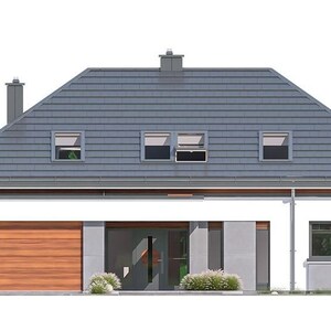 May include: A single-story house with a white facade, a large wooden garage door, and a dark gray tiled roof. The structure features a central entrance, rectangular windows, and three dormer windows on the roof. Small green shrubs are planted at the base.
