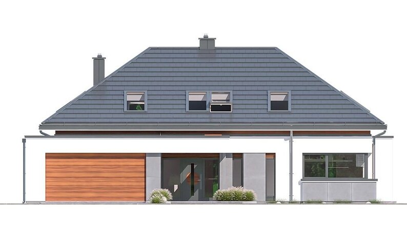 May include: A single-story house with a white facade, a large wooden garage door, and a dark gray tiled roof. The structure features a central entrance, rectangular windows, and three dormer windows on the roof. Small green shrubs are planted at the base.
