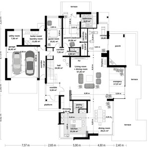 May include: A detailed architectural floor plan of a residential house featuring a garage, living room, dining room, kitchen, multiple bedrooms, bathrooms, and terraces. The layout includes labeled rooms with square footage and dimensions in meters.