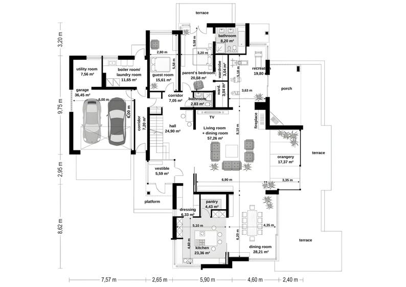 May include: A detailed architectural floor plan of a residential house featuring a garage, living room, dining room, kitchen, multiple bedrooms, bathrooms, and terraces. The layout includes labeled rooms with square footage and dimensions in meters.