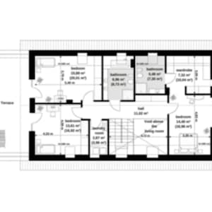 First-floor plan showcasing multiple bedrooms, a terrace, and spacious living areas. Ideal for house blueprint enthusiasts.
