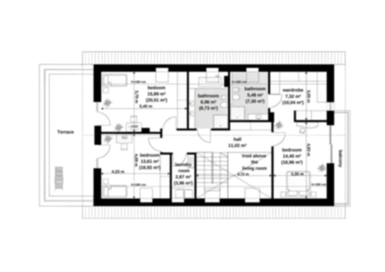First-floor plan showcasing multiple bedrooms, a terrace, and spacious living areas. Ideal for house blueprint enthusiasts.