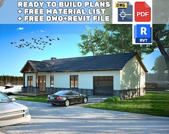 May include: A white house with a gray roof and a garage door. The house is surrounded by green grass and trees. There are two cars parked in the driveway. The text "READY TO BUILD PLANS + FREE MATERIAL LIST + FREE DWG+REVIT FILE" is displayed at the top of the image. The text "DWG", "PDF", and "RVT" is also displayed in the image.