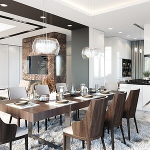 May include: A modern dining room with a large wooden table and matching chairs. The room features a marble floor, a white kitchen island, and decorative lighting. A rug is under the table.
