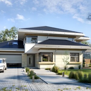 Contemporary house plan showcasing a spacious two-story home with a garage, clean lines, and Scandinavian-inspired details. Perfect for those seeking modern house blueprints.