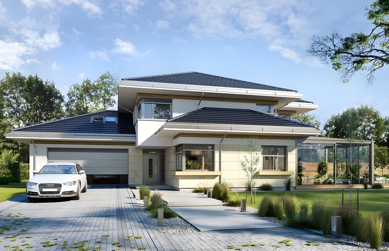 Contemporary house plan showcasing a spacious two-story home with a garage, clean lines, and Scandinavian-inspired details. Perfect for those seeking modern house blueprints.