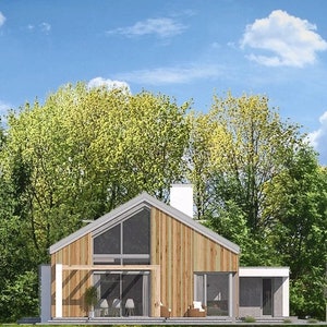 Rear view of a stylish Scandinavian house: The rear view of a Scandinavian house featuring large glass doors opening to a serene outdoor space. Perfect for tiny home plans or modern cottage house plans.