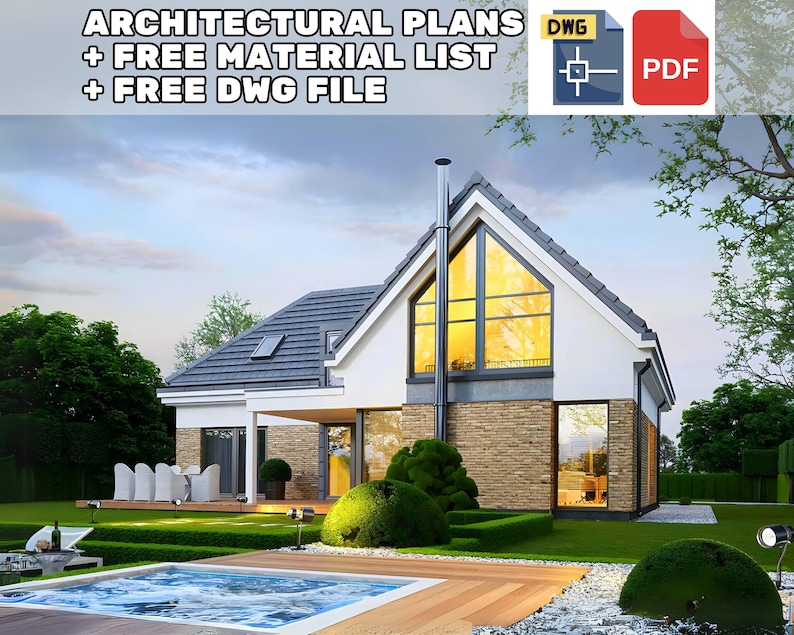 A modern A-frame house design featuring large glass windows and brick cladding, surrounded by a green yard and an outdoor seating area.