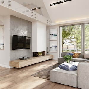 Open-concept living room: An open-concept living room filled with natural light from large windows. Perfect for modern house plans and cottage house plans.