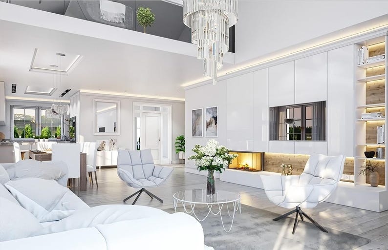 May include: A spacious living room featuring white tufted swivel chairs, a round glass coffee table, and a large white sofa. The room includes a built-in white wall unit with integrated shelving, a fireplace, and a crystal chandelier.