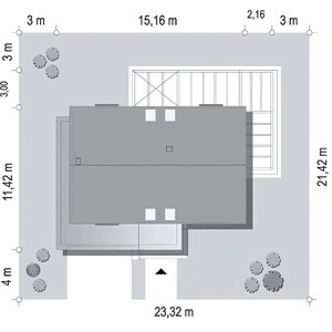 Pu&ograve; includere: Una planimetria architettonica vista dall'alto che mostra l'impronta rettangolare di una casa su un terreno. Il disegno include varie dimensioni in metri, come 15,16 m, 21,42 m e 23,32 m, insieme a piccole icone di alberi e una freccia.