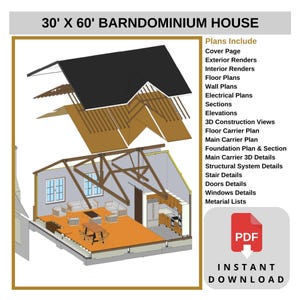 30' x 60' barndominium house plans with detailed construction views. Includes floor plans, wall plans, elevations, 3D structural details, and material lists. Perfect for barndominium lovers seeking modern designs. Instant download in PDF formats.