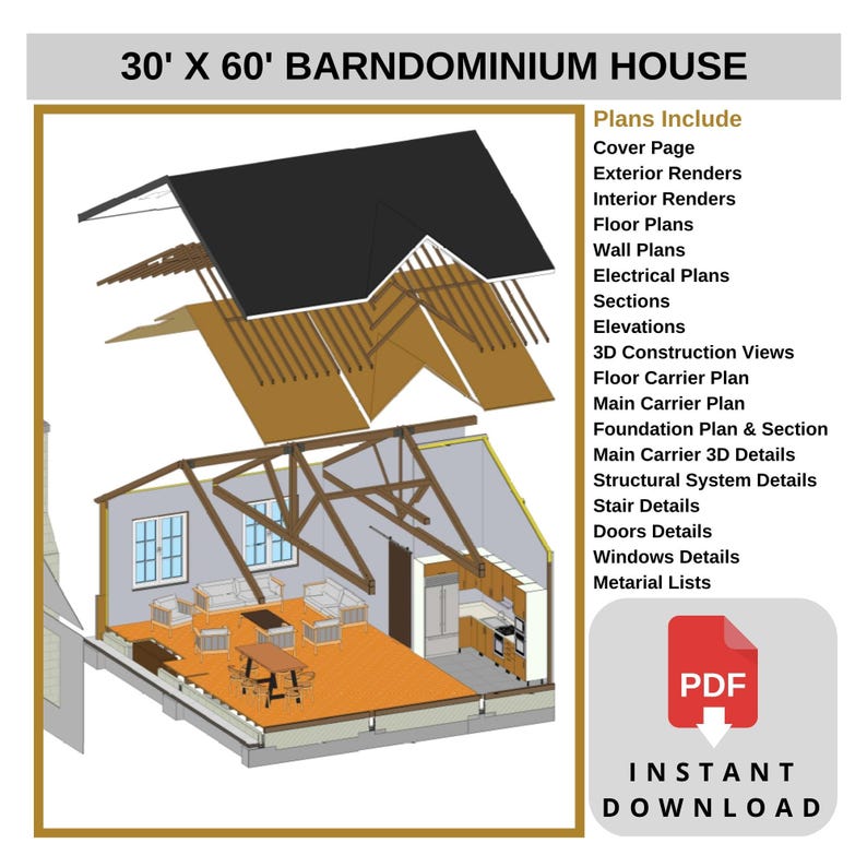 30' x 60' barndominium house plans with detailed construction views. Includes floor plans, wall plans, elevations, 3D structural details, and material lists. Perfect for barndominium lovers seeking modern designs. Instant download in PDF formats.