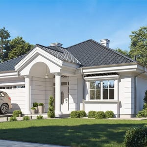 May include: A single-story white house with a dark gray tiled roof, a front porch supported by two white columns, and a white garage door. A silver SUV is parked in the driveway, and the house is surrounded by a green lawn and trees.