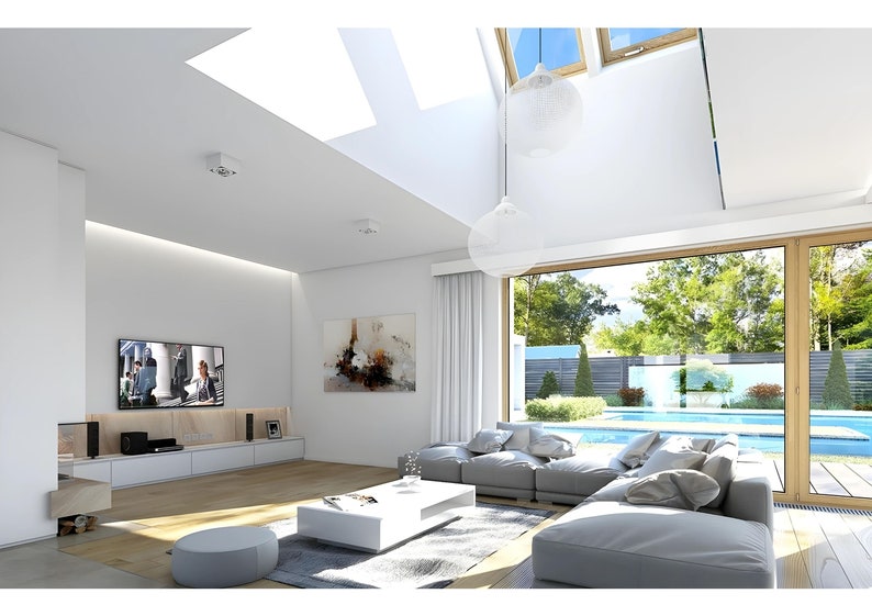 Bright living room with skylights, large glass doors to a pool, and minimalist decor. Features a modern seating area, wooden floors, and natural light. Perfect for open-concept home designs and contemporary living spaces.
