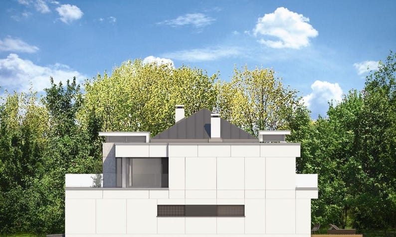 May include: Modern white house with a flat roof and a dark gray roof section. The house has a large window and a rectangular vent. Lush green trees and a blue sky with clouds are in the background.