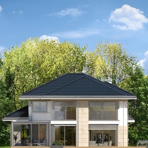 Rear view of a Scandinavian-inspired modern home surrounded by lush greenery. This house blueprint combines contemporary design with natural elements.