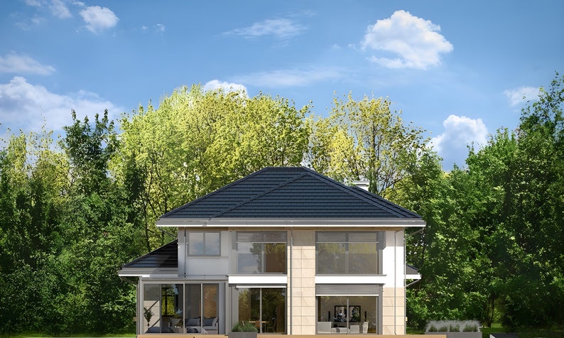 Rear view of a Scandinavian-inspired modern home surrounded by lush greenery. This house blueprint combines contemporary design with natural elements.