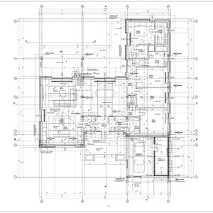 May include: A detailed architectural floor plan drawing in black and white, featuring precise structural lines, room layouts, dimension markers, and grid references for a residential building design, presented on a clean white background.