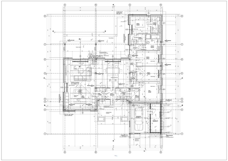 May include: A detailed architectural floor plan drawing in black and white, featuring precise structural lines, room layouts, dimension markers, and grid references for a residential building design, presented on a clean white background.