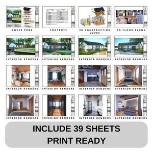 Complete barndominium house plans set with 39 print-ready sheets. Includes exterior and interior renders, 3D floor plans, construction views, and detailed blueprints. Ideal for modern house plans, cottage house designs, and custom home projects.