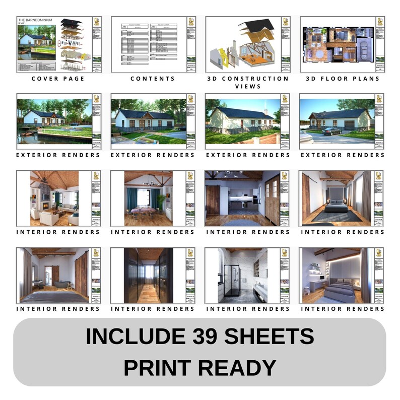 Complete barndominium house plans set with 39 print-ready sheets. Includes exterior and interior renders, 3D floor plans, construction views, and detailed blueprints. Ideal for modern house plans, cottage house designs, and custom home projects.