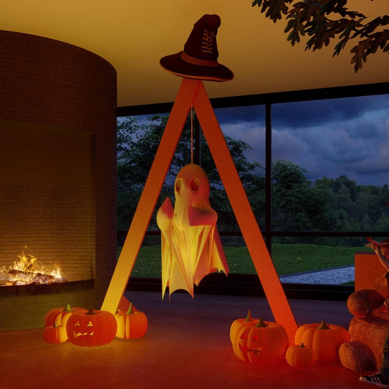 May include: A tall orange A-frame structure with a dark brown witch hat perched on top and a white ghost figure hanging from the center. Several orange jack-o'-lanterns with carved faces are arranged around the base of the frame.