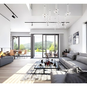 Bright living room with large windows, a fireplace, and a stunning outdoor view. Ideal for Scandinavian house plans and cozy tiny home plans.