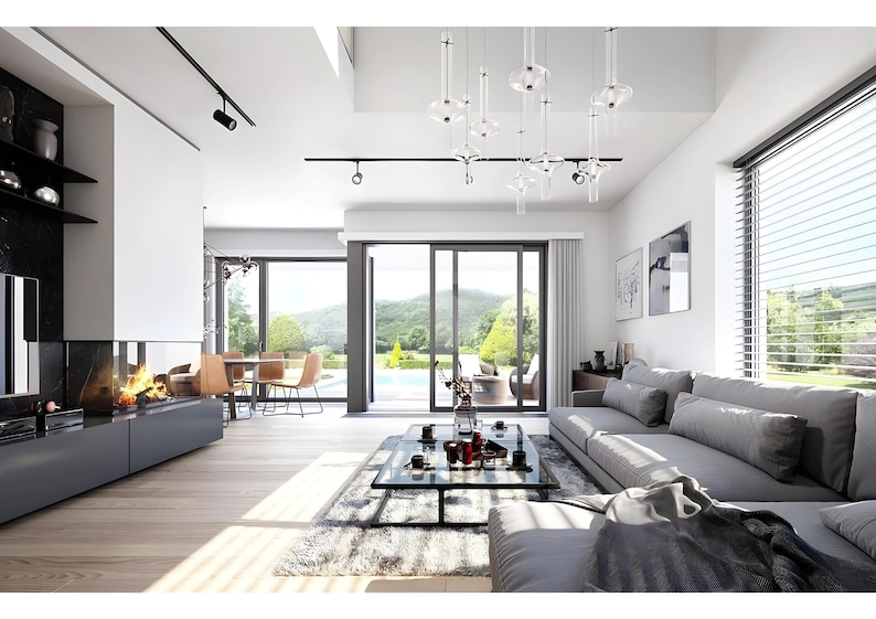 Bright living room with large windows, a fireplace, and a stunning outdoor view. Ideal for Scandinavian house plans and cozy tiny home plans.