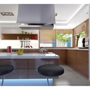 May include: A modern kitchen featuring a large island with a white countertop and two black stools. The cabinetry is finished in a warm wood tone, complemented by a stainless steel range hood, a white oven, and various kitchen accessories.
