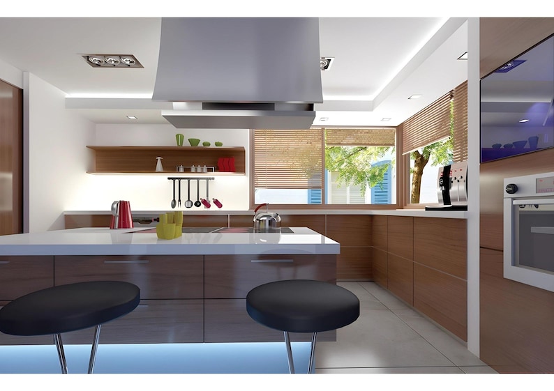 May include: A modern kitchen featuring a large island with a white countertop and two black stools. The cabinetry is finished in a warm wood tone, complemented by a stainless steel range hood, a white oven, and various kitchen accessories.