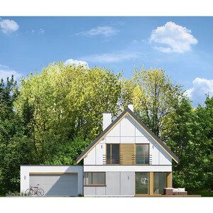 Modern villa exterior with a pitched roof, large windows, and a garage. Surrounded by lush greenery, this home blends contemporary design with natural beauty, offering a serene and functional living environment.