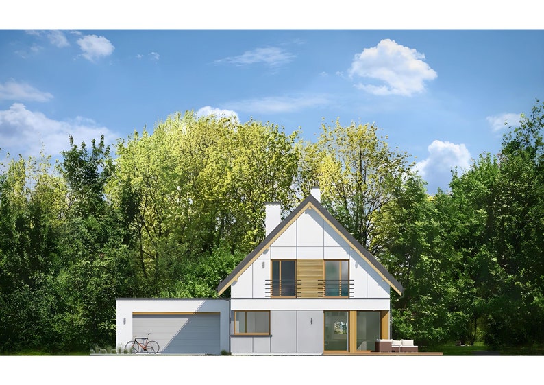 Modern villa exterior with a pitched roof, large windows, and a garage. Surrounded by lush greenery, this home blends contemporary design with natural beauty, offering a serene and functional living environment.