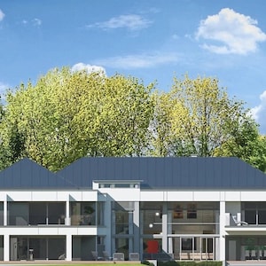 Rear elevation view of a contemporary house with sleek architectural design, showcasing open balconies and large glass panels. Perfect for modern house plans and architectural layouts.