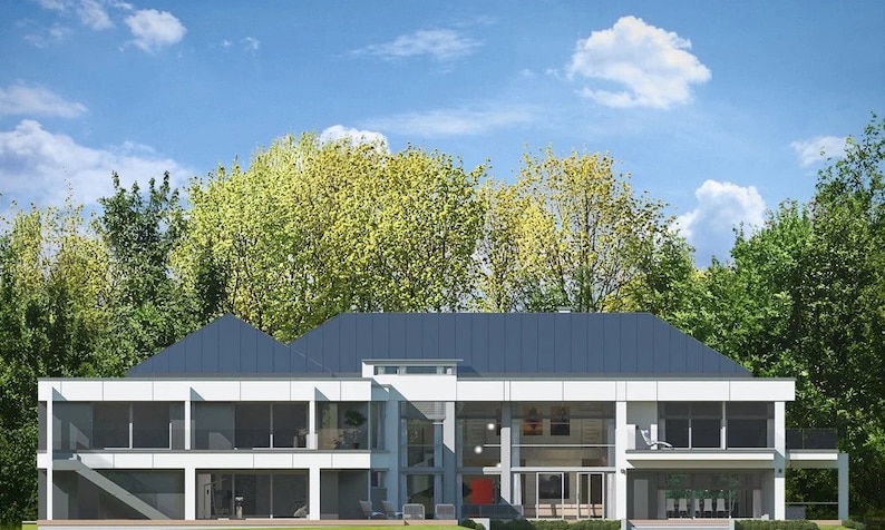 Rear elevation view of a contemporary house with sleek architectural design, showcasing open balconies and large glass panels. Perfect for modern house plans and architectural layouts.