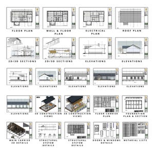 Comprehensive barndominium plans set featuring floor plans, wall and roof plans,  2D/3D sections, elevations, and structural system details. Includes 3D construction views, material lists, and foundation plans for a complete project guide.