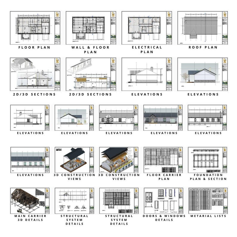 Comprehensive barndominium plans set featuring floor plans, wall and roof plans,  2D/3D sections, elevations, and structural system details. Includes 3D construction views, material lists, and foundation plans for a complete project guide.