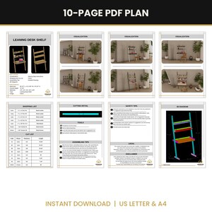 May include: A 10-page PDF plan for a leaning desk shelf, featuring visualizations, a shopping list, a cut list, assembly tips, safety tips, and a 3D diagram. The document includes text details on build features, dimensions, and construction steps.
