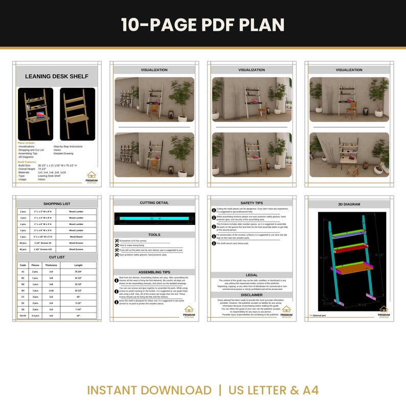 May include: A 10-page PDF plan for a leaning desk shelf, featuring visualizations, a shopping list, a cut list, assembly tips, safety tips, and a 3D diagram. The document includes text details on build features, dimensions, and construction steps.