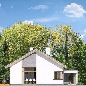 Rear view of a Scandinavian modern house with a sleek gable roof, cozy patio, and forested background. Ideal for anyone seeking small cabin plans or barndominium-inspired layouts.