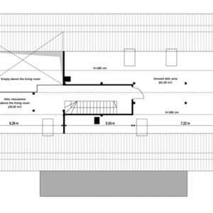 Attic floor plan showcasing the mezzanine, unused attic space, and precise dimensions. Great for those looking for house blueprints or Scandinavian house plans with extra space.