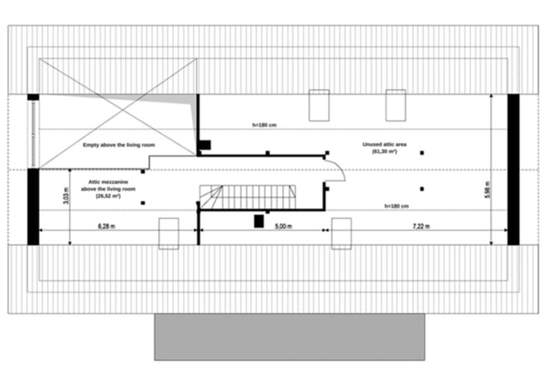 Attic floor plan showcasing the mezzanine, unused attic space, and precise dimensions. Great for those looking for house blueprints or Scandinavian house plans with extra space.