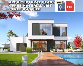 May include: A white modern house with a swimming pool and a wooden deck. The house has large windows and a flat roof. There are trees and bushes in the yard. The text "ARCHITECTURAL PLANS + FREE MATERIAL LIST + FREE DWG FILE" is at the top of the image. The text "DWG" and "PDF" are in red boxes at the top right of the image.