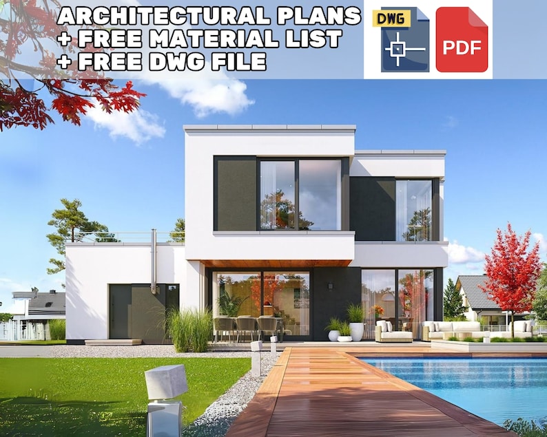 A stunning modern house with a minimalist facade, large windows, and a poolside deck, perfect example of modern house plans with clean lines and spacious design