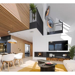 Stylish open-concept living area featuring a high ceiling, wooden accents, and a cozy fireplace. Perfect for modern house plans, contemporary interiors, and luxurious home designs.
