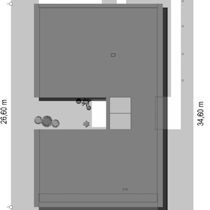 Top-down view of a modern house layout surrounded by lush landscaping. Perfect for tiny home plans or Scandinavian house designs.