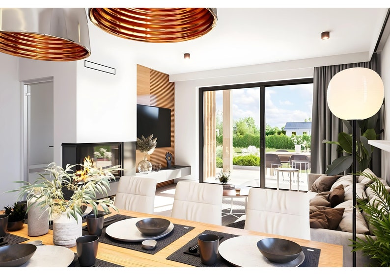 Open living and dining space with floor-to-ceiling glass walls. Ideal for scandinavian house plans fans who appreciate light-filled interiors.