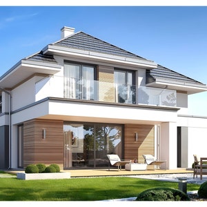 A modern two-story house with a spacious balcony and wooden panel details, perfect for contemporary house plans and scandinavian house plans enthusiasts.