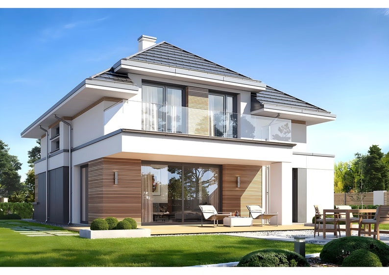 A modern two-story house with a spacious balcony and wooden panel details, perfect for contemporary house plans and scandinavian house plans enthusiasts.