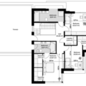 Second-floor architectural plan with multiple bedrooms and a terrace, ideal for modern townhouse and villa plans